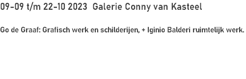 09-09 t/m 22-10 2023  Galerie Conny van Kasteel

Go de Graaf: Grafisch werk en schilderijen, + Iginio Balderi ruimtelijk werk.




